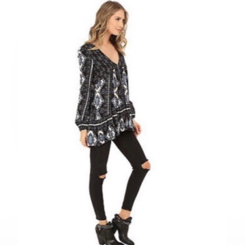 Free People Down By The Bay ~Size XS~ Long Sleeve Flowy Boho Tunic Peasant Dress - Picture 5 of 15